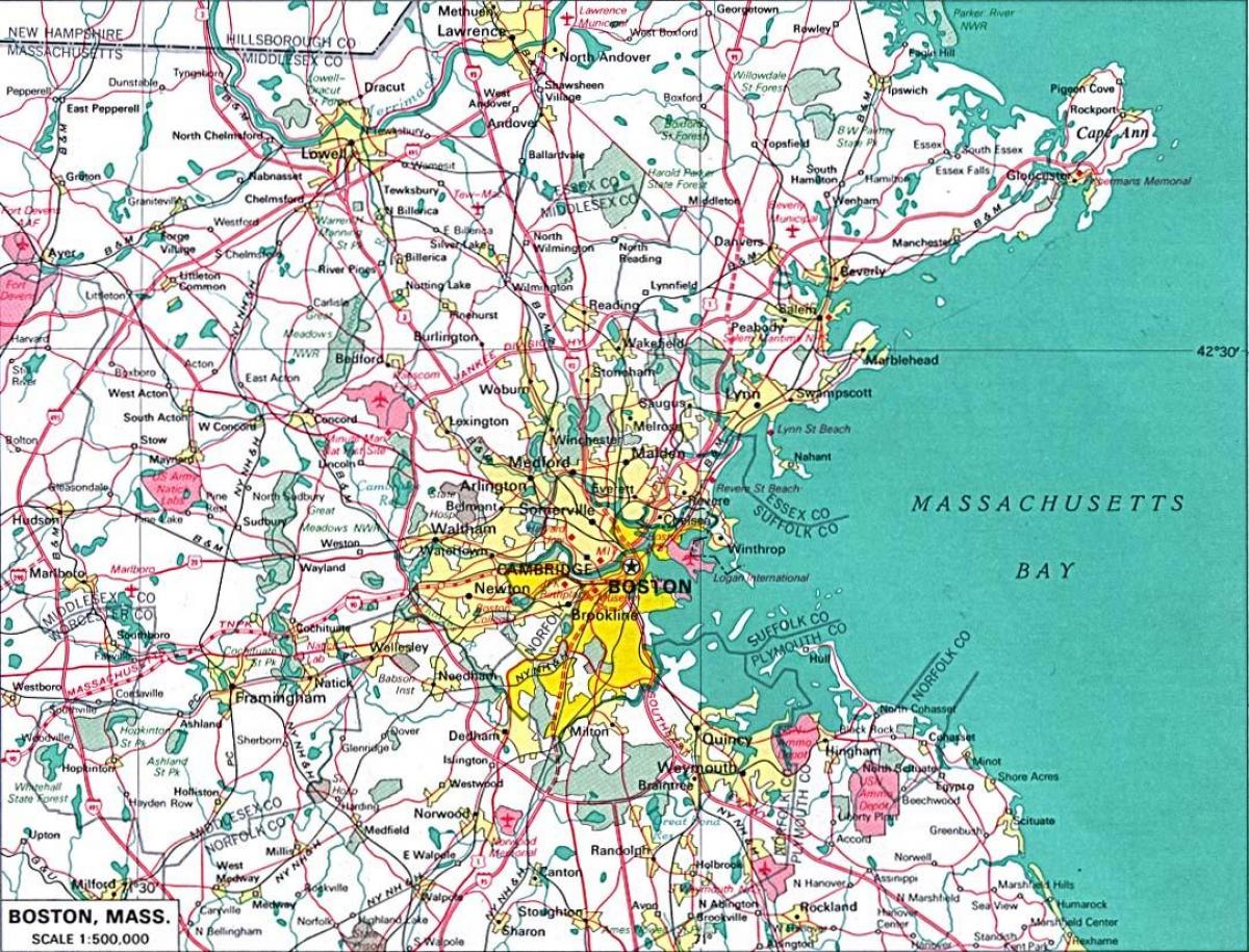 mapa väčšiu Boston area